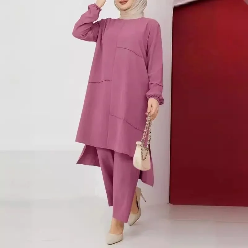 New Casual Long Sleeves Muslim Sets O-Neck Turkish Blouse Wide Leg Pant Suit L 526191 Smart Business Blouse