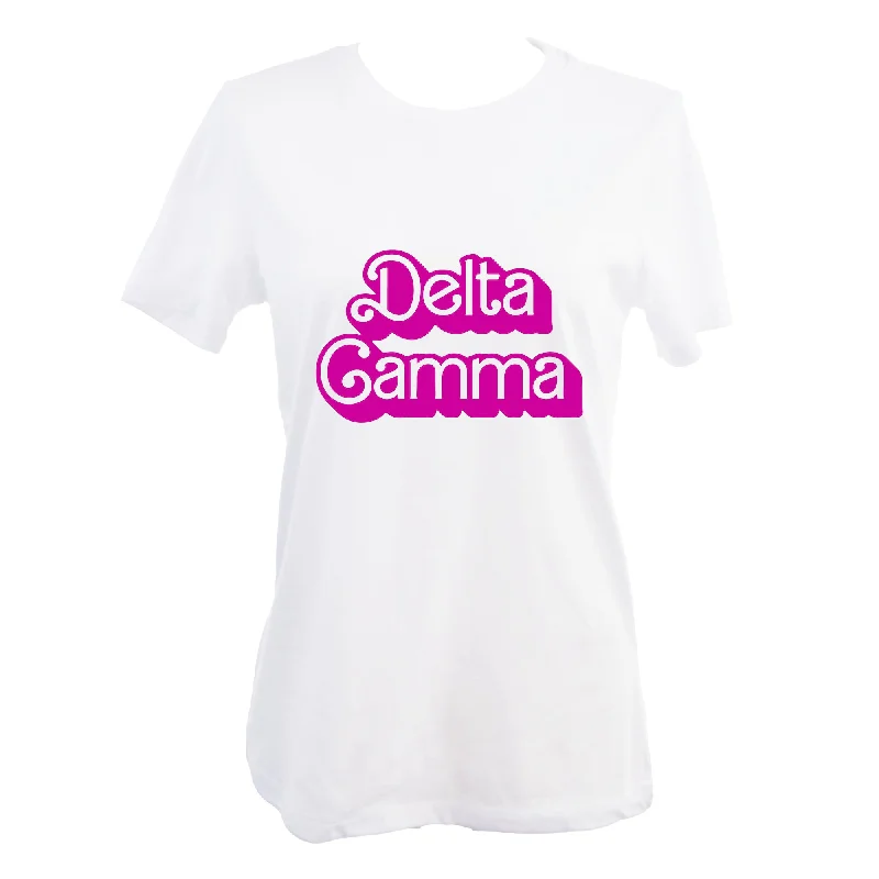 Delta Gamma T-Shirt- Retro Dolly Sorority Name Design, Relaxed Fit-- Beaded Sequined Faux Fur