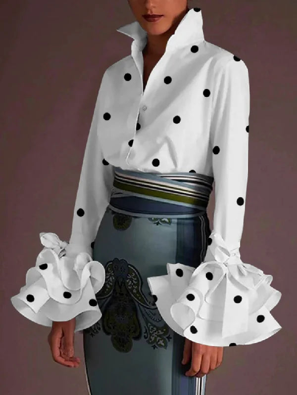 Flared Sleeves Falbala Polka-Dot Lapel Collar Blouses & Shirts Tops L 118369 Playful Puff Blouse