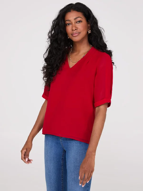 Chiffon V-Neck Pleated Popover Blouse Sweetheart Neck Blouse