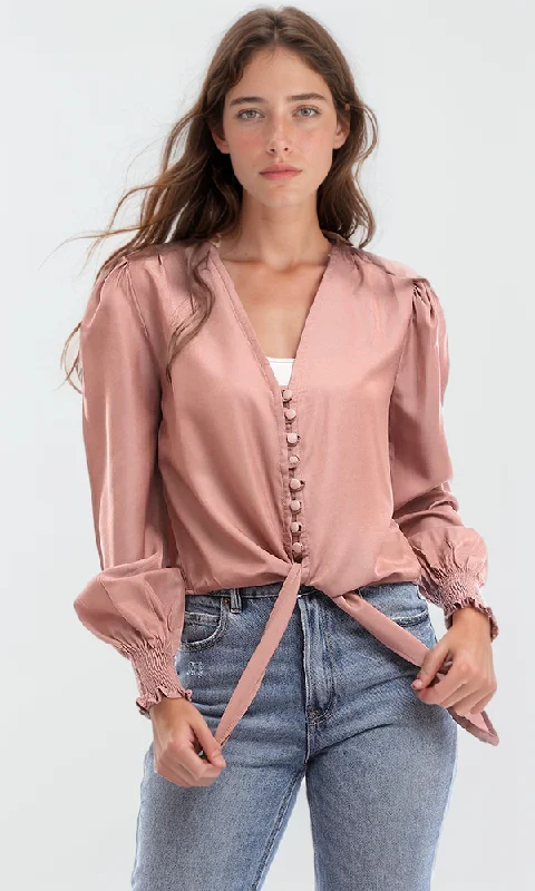 95363 Front Tie Buttoned Blouse With Elastic Cuffs - Dark Nude Frilled Cuff Blouse
