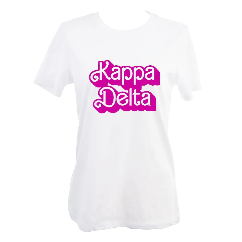 Kappa Delta T-Shirt- Retro Dolly Sorority Name Design, Relaxed Fit-- Front Pockets Side Pockets Patch Pockets