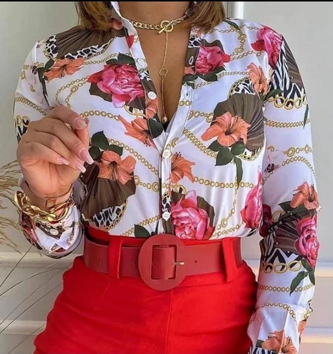 Floral Random Printing Blouse Casual Button Front Long XL 08880904 Soft Pastel Blouse