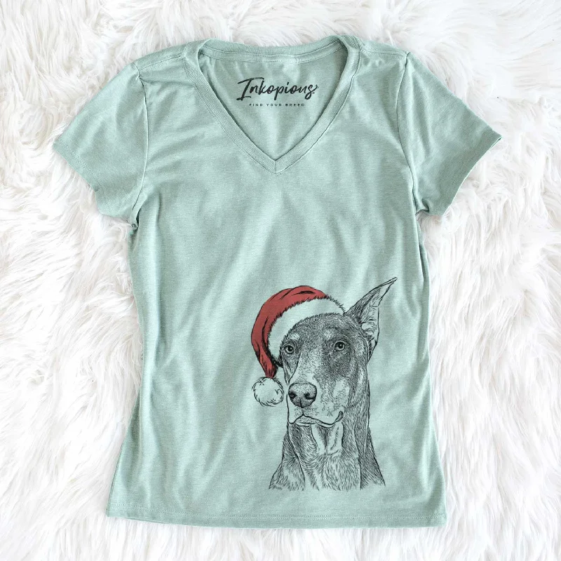 Santa RJ the Doberman Pinscher - Women's V-neck Shirt-- Anti-Pilling Machine Wash Handmade