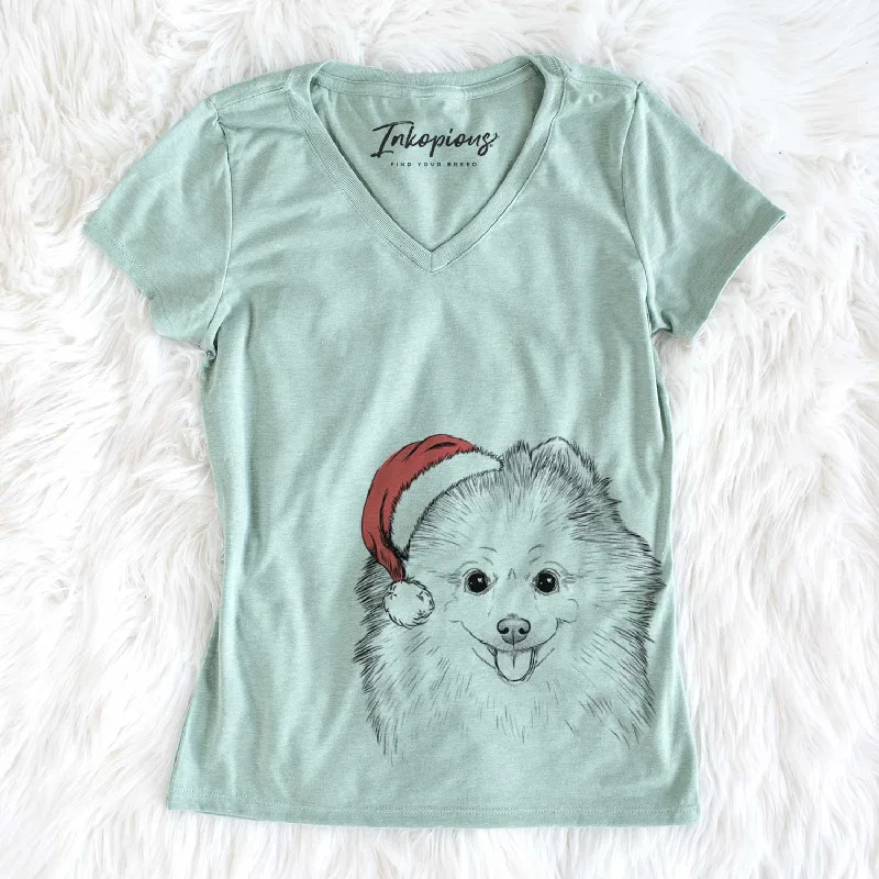 Santa Piper Jo the Pomeranian - Women's V-neck Shirt-- Mesh Canvas Denim
