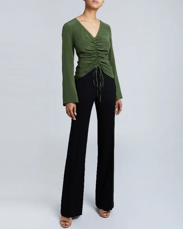 RAVELA Bell Sleeve Silk Blouse with Front Center Drawstring Sweetheart Neck Blouse