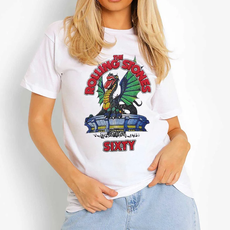THE ROLLING STONES T-Shirt for Ladies, Sixty Stadium Dragon-- Notch Collar Peter Pan Collar Cowl Neck