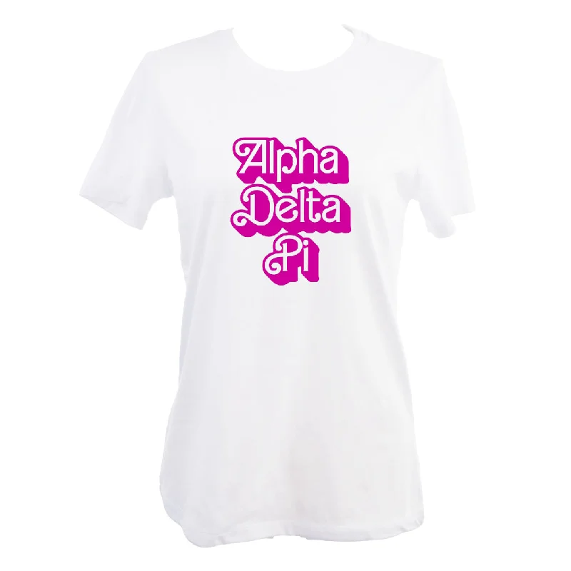 Alpha Delta Pi T-Shirt- Retro Dolly Sorority Name Design, Relaxed Fit-- Boxy Fit Fitted Loose