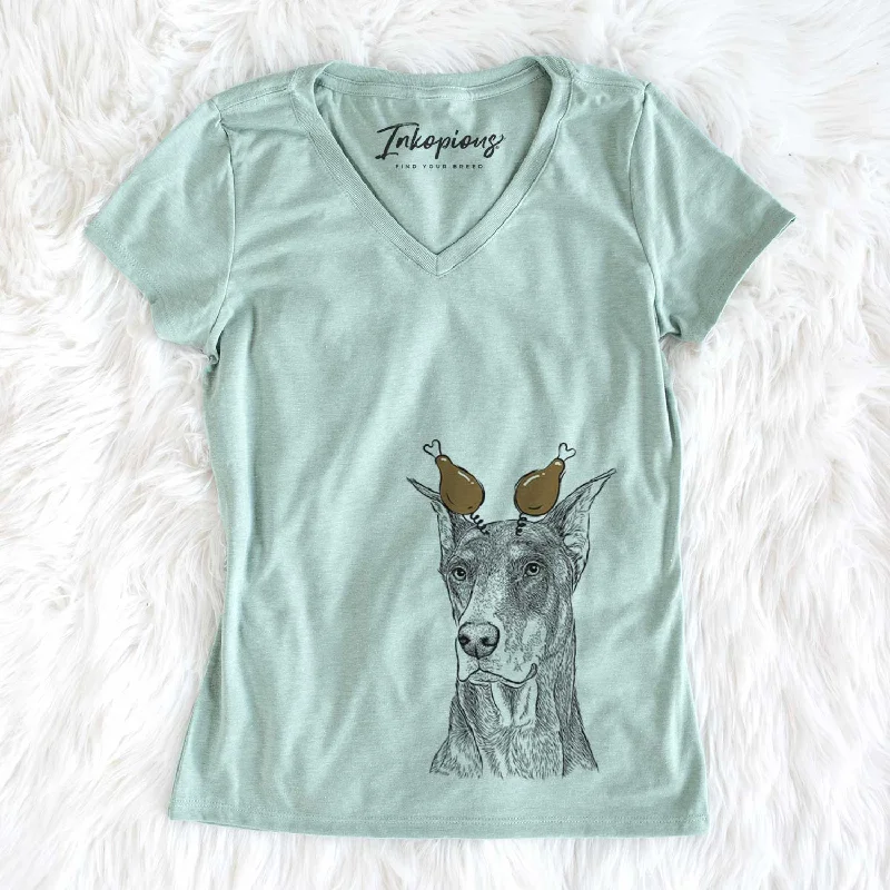 Thanksgiving RJ the Doberman Pinscher - Women's V-neck Shirt-- Collared Crew Neck Turtle Neck