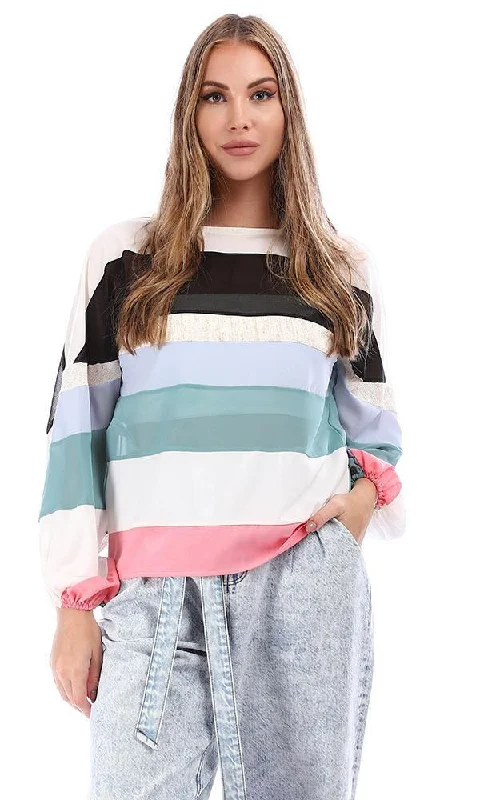 94810 Stripped Color Block Scoop Cole Blouse - White Silky Draped Blouse