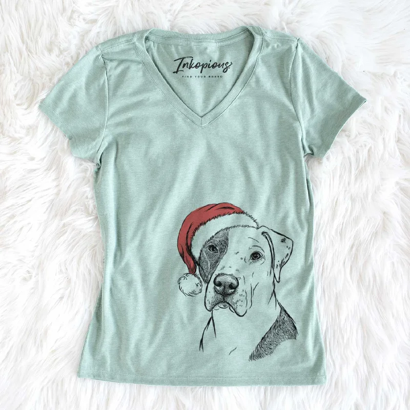Santa Duke the American Staffordshire Terrier Mix - Women's V-neck Shirt-- Solid Print Embellished