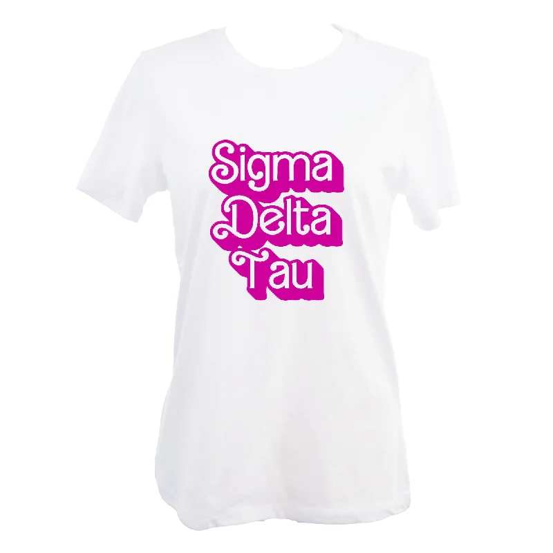 Sigma Delta Tau T-Shirt- Retro Dolly Sorority Name Design, Relaxed Fit-- Fleece Fabric Down Fabric Feather Fabric