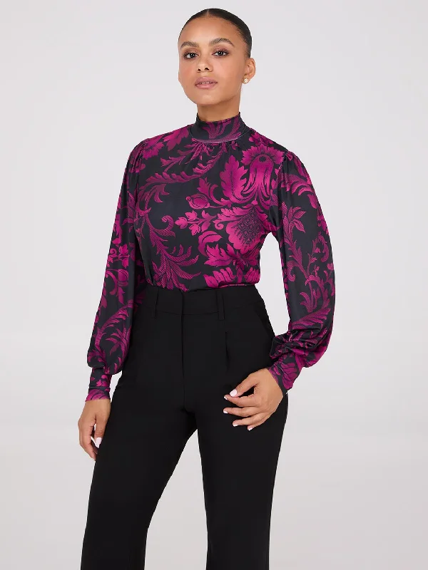 Printed Long Balloon Sleeve Mock Neck Blouse Slim Fit Blouse