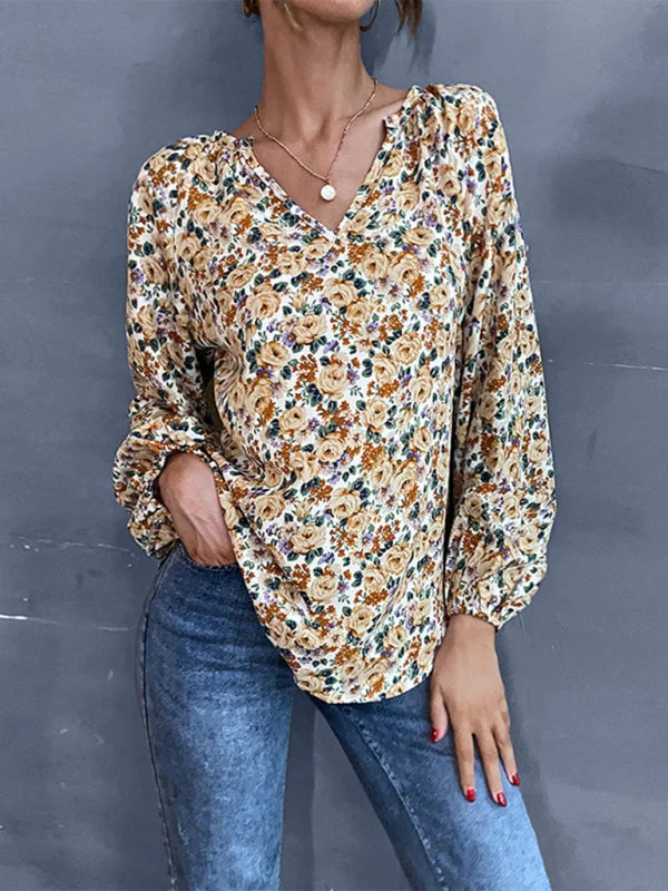 Blue Zone Planet | holiday loose v-neck long-sleeved floral shirt-- Hooded Caped Shawl Collar