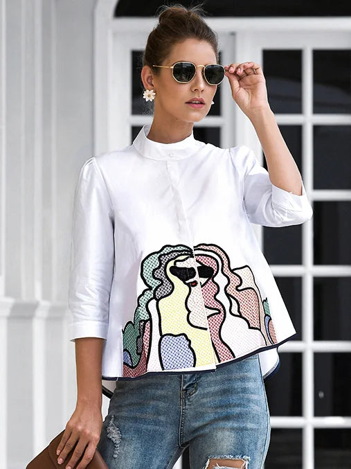 Casual High-Low Loose Printed Stand Collar Blouses & Shirts Tops  112240 Drape Neck Blouse