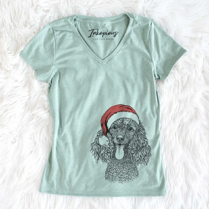 Santa Teddy the Mini Poodle - Women's V-neck Shirt-- Lace Blend Ribbed Blend Corduroy Blend