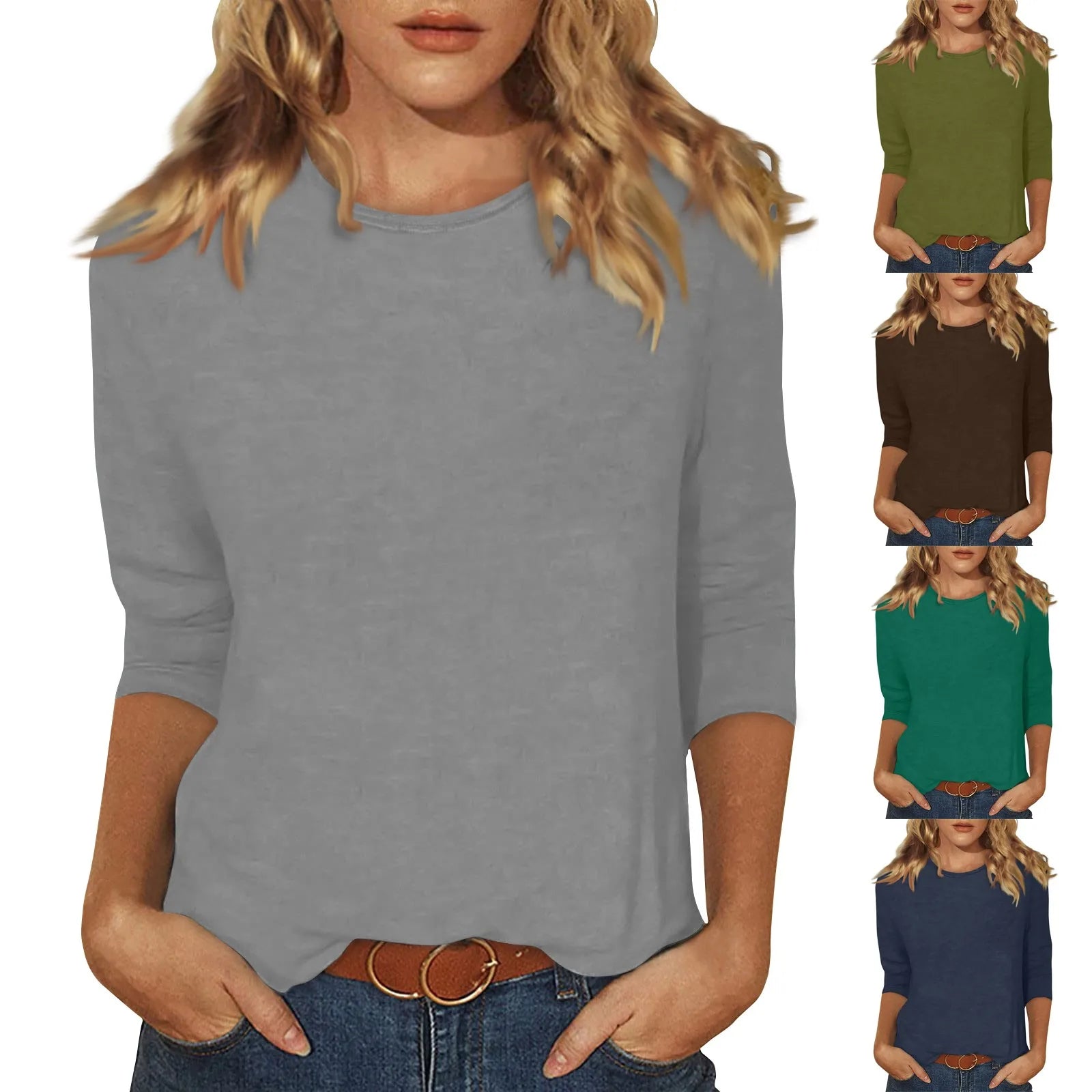Women's Tops 3/4 Sleeve Summer Ethnic Solid Color O-Neck Slim Crewneck Slim Fit Tshirts Spring Blouse Elegant Embroidery Blouse