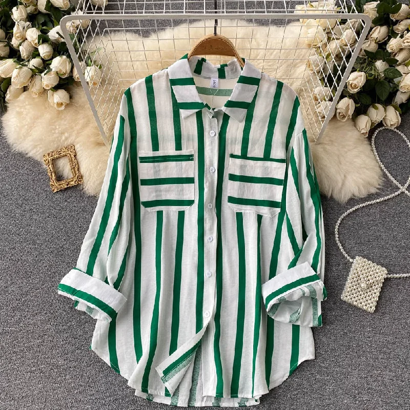 Women's Long Sleeve Striped/Checked/Polkadot/Weave Shirts & Blouses 440953 Side Tie Blouse