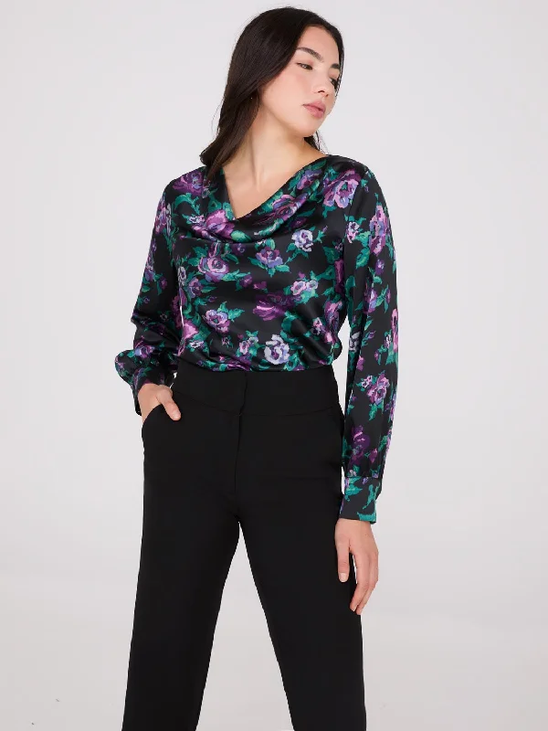 Satin Floral Print Cowl Neck Blouse Chic Off-Shoulder Blouse