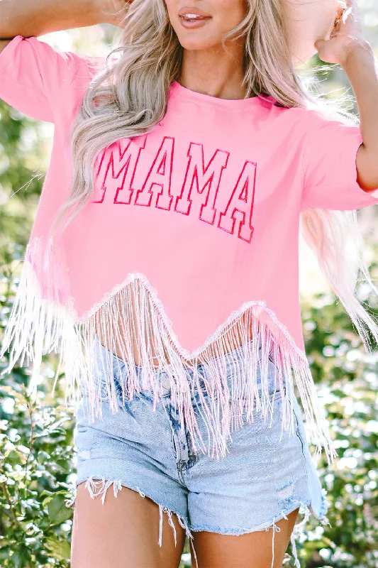 Hazel Blues® |  MAMA Sequin Fringe Round Neck T-Shirt -- Basic T-Shirt Crew Neck Short Sleeve