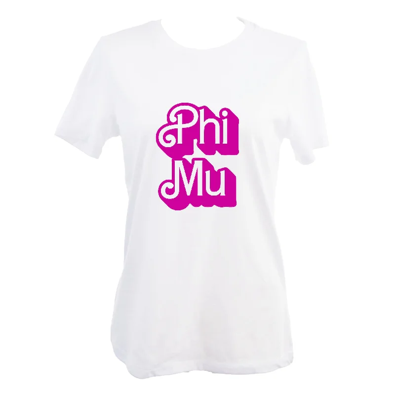 Phi Mu T-Shirt- Retro Dolly Sorority Name Design, Relaxed Fit-- Denim Fabric Leather Fabric Suede Fabric