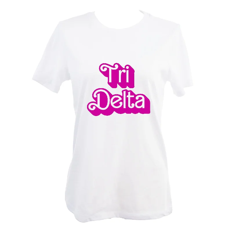 Tri Delta T-Shirt- Retro Dolly Sorority Name Design, Relaxed Fit-- Sequined Glittery Shiny