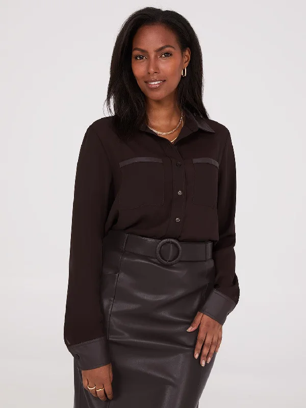 Chiffon Blouse With Faux Leather Details Ruched Sleeve Blouse