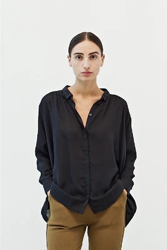 Black Button Up Blouse 3/4 Length Sleeves Ruffled Neck Blouse