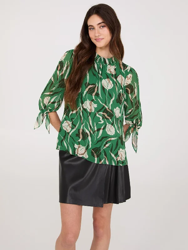 Floral Print Chiffon Mock Neck Blouse Elegant Peplum Blouse