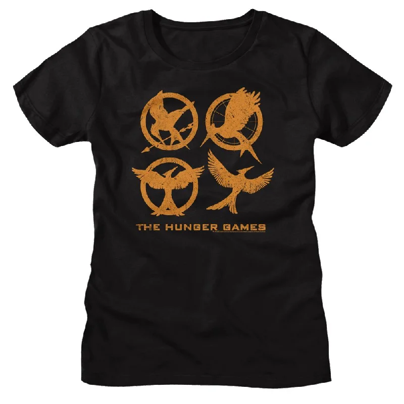 Women Exclusive HUNGER GAMES T-Shirt, Emblems-- Spandex Blend Rayon Blend Denim Blend