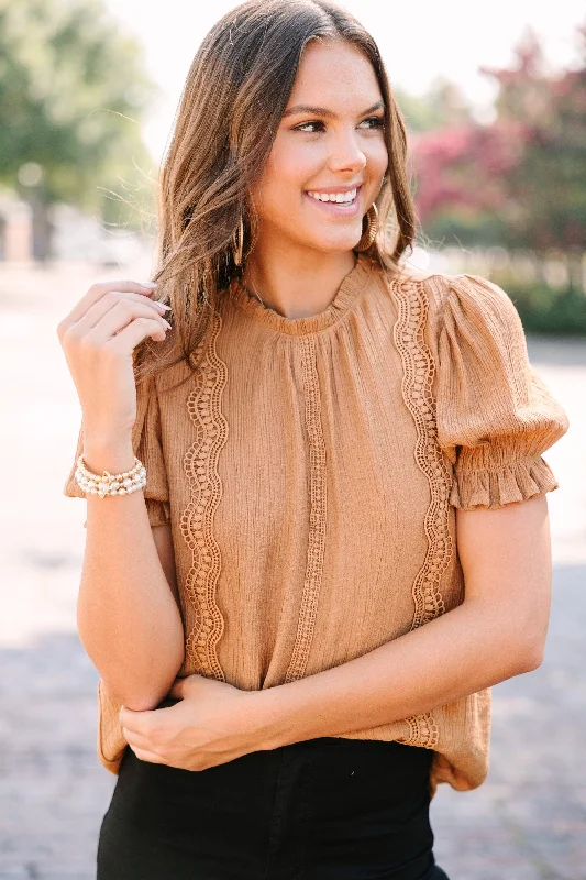 Wish You Were Here Brown Crochet Blouse Silky Draped Blouse