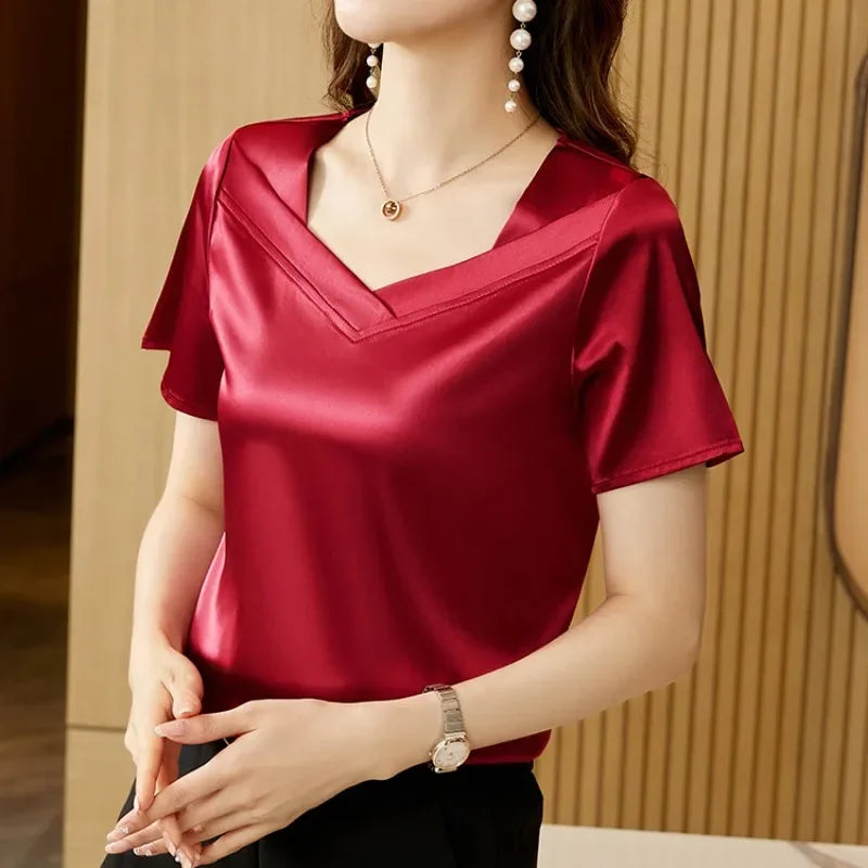 Satin Blouse Women Tops Fashion V-Neck Short Sleeve Blouses Suit Bottom Shirt Silk Vintage Double Button Blouse
