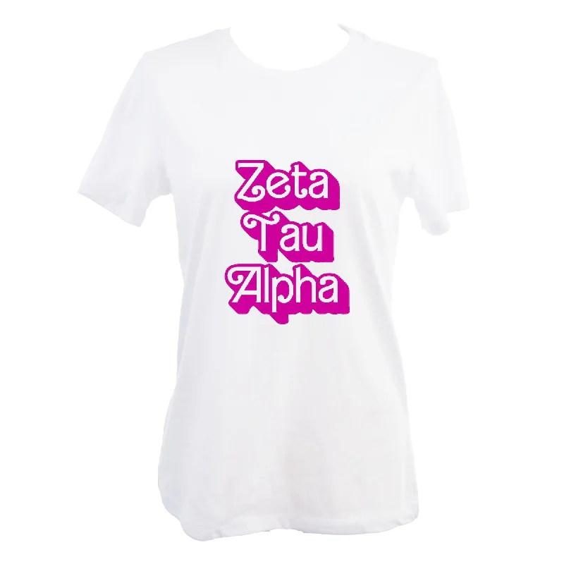 Zeta Tau Alpha T-Shirt- Retro Dolly Sorority Name Design, Relaxed Fit-- Mesh Blend Leather Blend Suede Blend