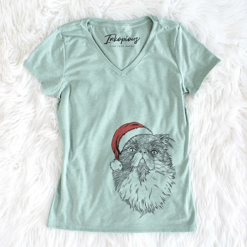 Santa Tookie the Perisan Cat - Women's V-neck Shirt-- Graphic T-Shirt Round Neck Polyester