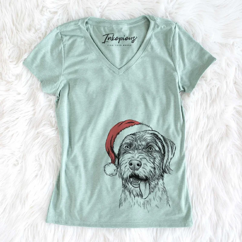 Santa Hazel the German Wirehaired Pointer Mix - Women's V-neck Shirt-- Zippered Buttoned Snapped