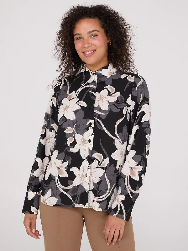 Floral Print Crepe Chiffon Button-Front Blouse Frilled Cuff Blouse