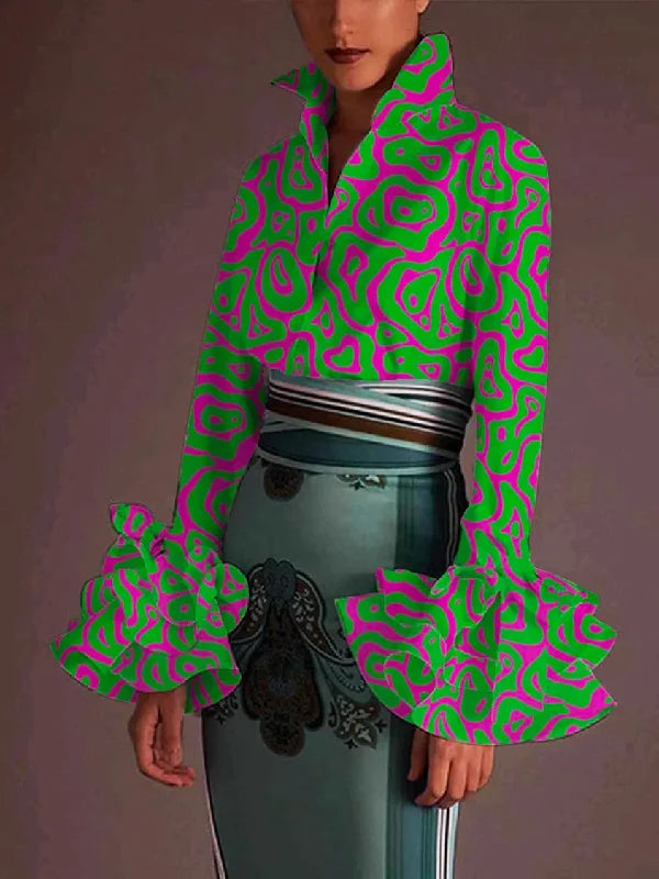 Fashion Falbala Flared Sleeves Printed Lapel Collar Blouses&Shirts Tops 117240 - L Feminine Tie Blouse