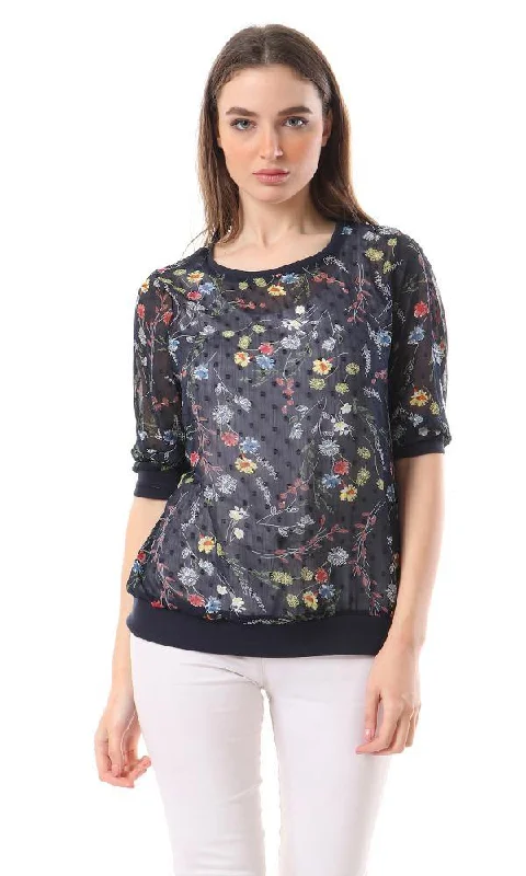 57060 Floral See Through Navy Blue Blouse Chic Wrap Blouse