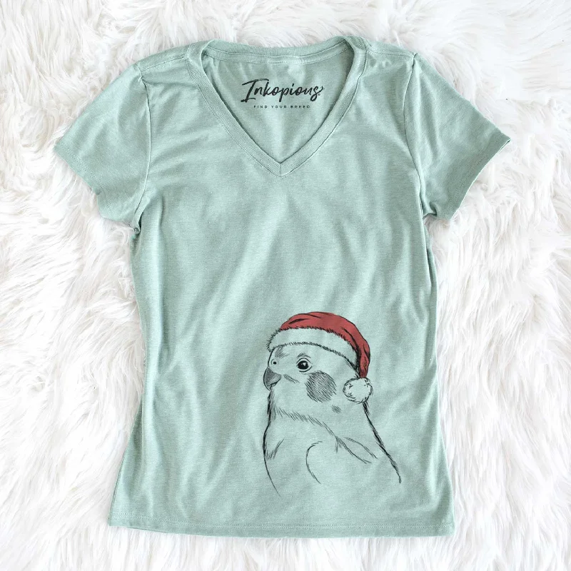 Santa Charlie the Cockatiel - Women's V-neck Shirt-- Solid Print Embellished