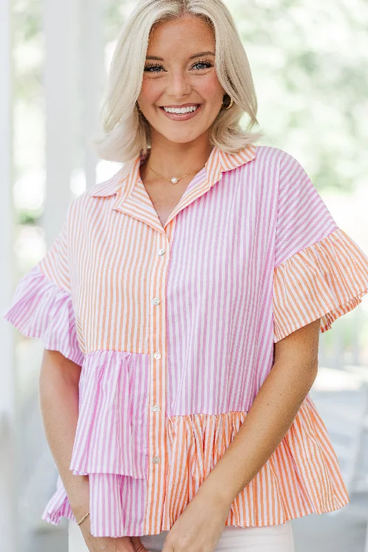Call On You Pink Striped Blouse Delicate Bow Blouse