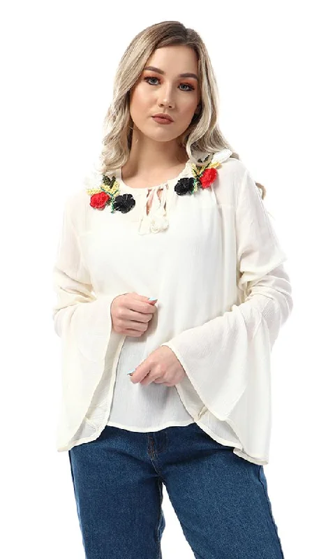 47526 Stitched Flowers Bell Sleeves Off White Blouse Puff Sleeve Blouse