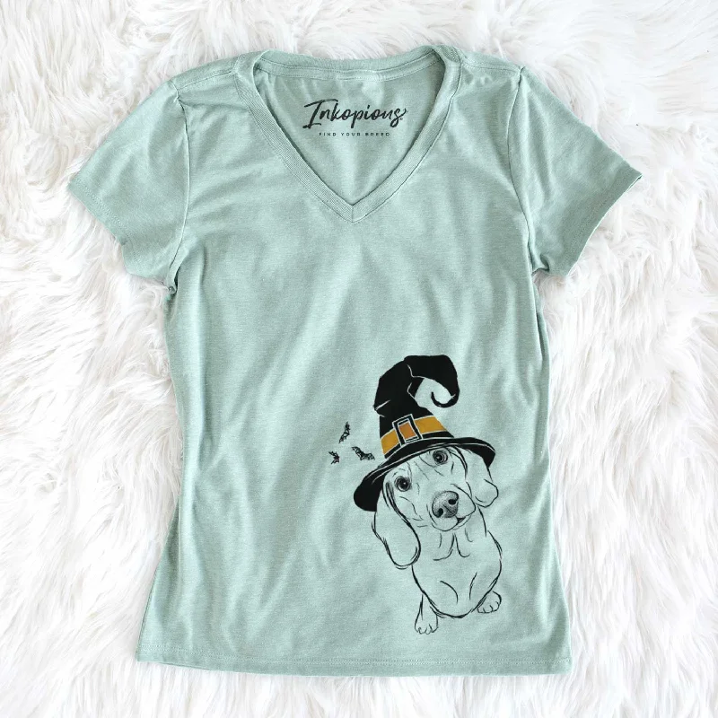 Witch Bill the Dachshund - Women's V-neck Shirt-- Hooded Caped Shawl Collar