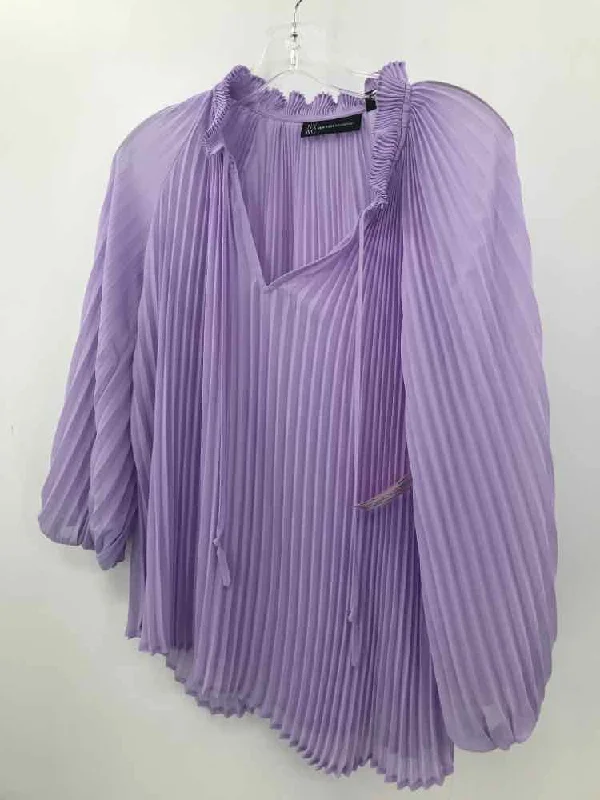 Pre-Owned New York & Co Purple Size Small Pleated Long Sleeve Blouse Oversized Silk Blouse