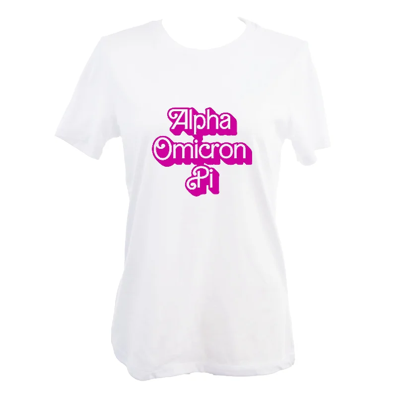 Alpha Omicron Pi T-Shirt- Retro Dolly Sorority Name Design, Relaxed Fit-- Fleece Nylon Spandex