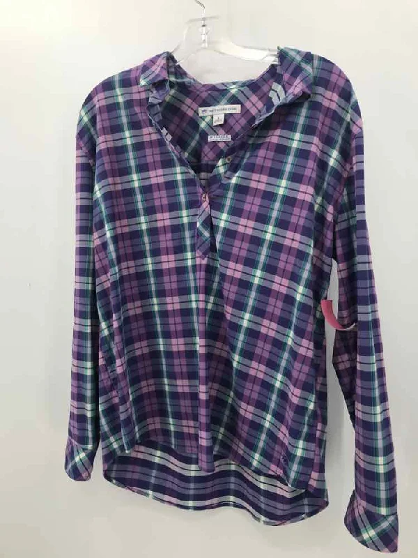 Pre-Owned Southern Tide Purple Size Large Plaid Long Sleeve Blouse Delicate Bow Blouse