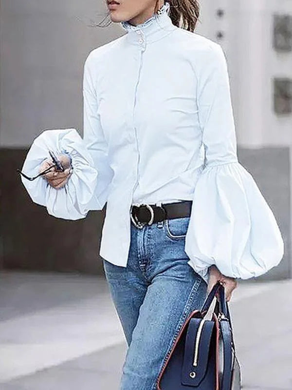 Urban Solid Color Stand Collar Puff Sleeves Blouse 92151 Semi-Sheer Blouse