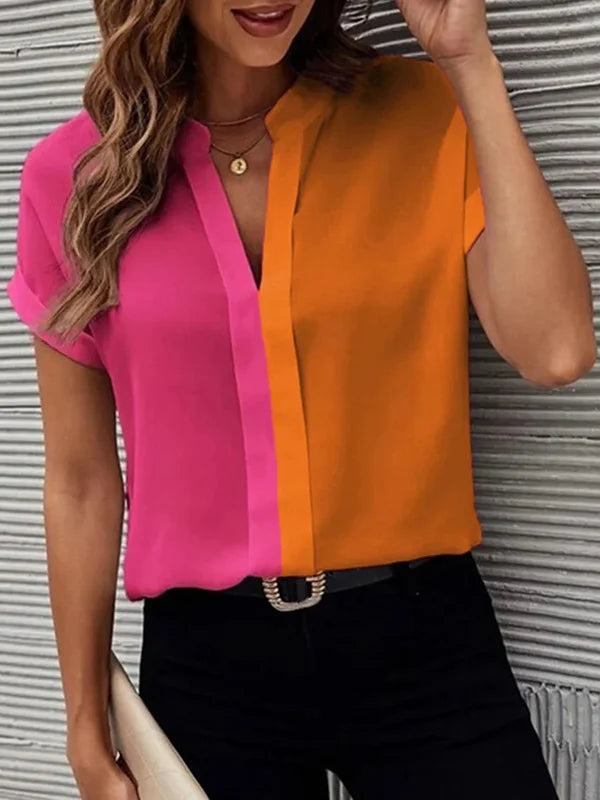 Short Sleeves Contrast Color Split-Joint V-Neck Blouses&Shirts Tops S 117435 Elegant Lace Blouse