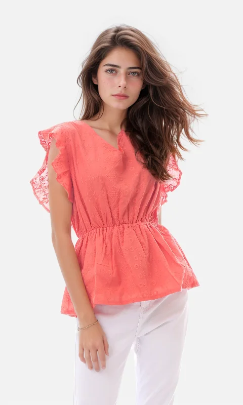 O166509 Cheerful Coral Orange Stitched Pattern V-Neck Blouse Boho Printed Blouse