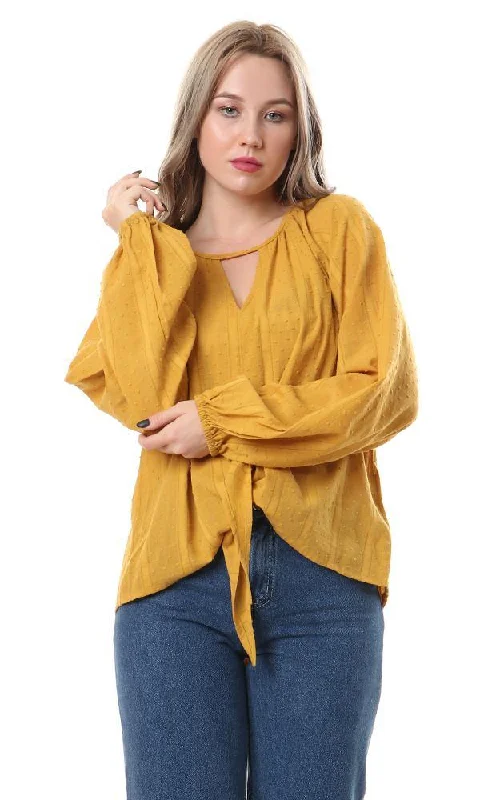 56929 Cut Neck With Front Tie Goldenrod Blouse Pleated Collar Blouse
