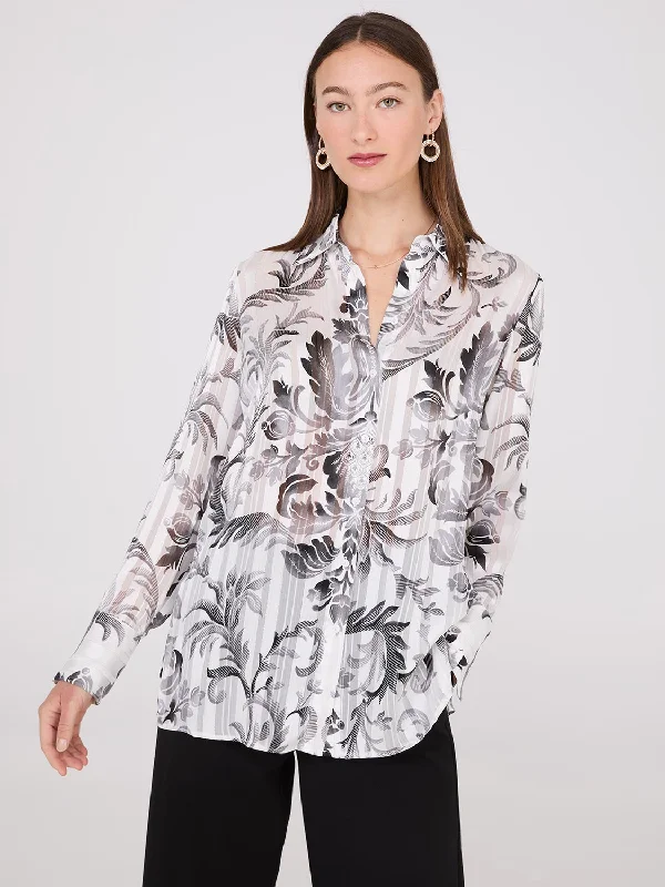 Floral Print Metallic Shadow Stripe Chiffon Blouse Office-Ready Blouse